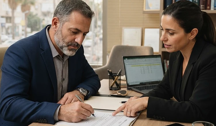 סמל רשות המיסים בישראל לצד תיקיות מסמכים פיננסיים
