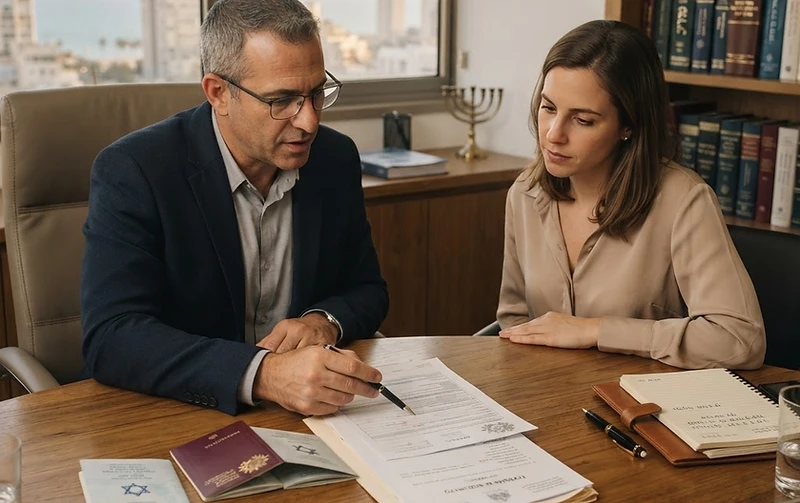דרכון פורטוגלי מונח על שולחן לצד מסמכים רשמיים ודגל האיחוד האירופי