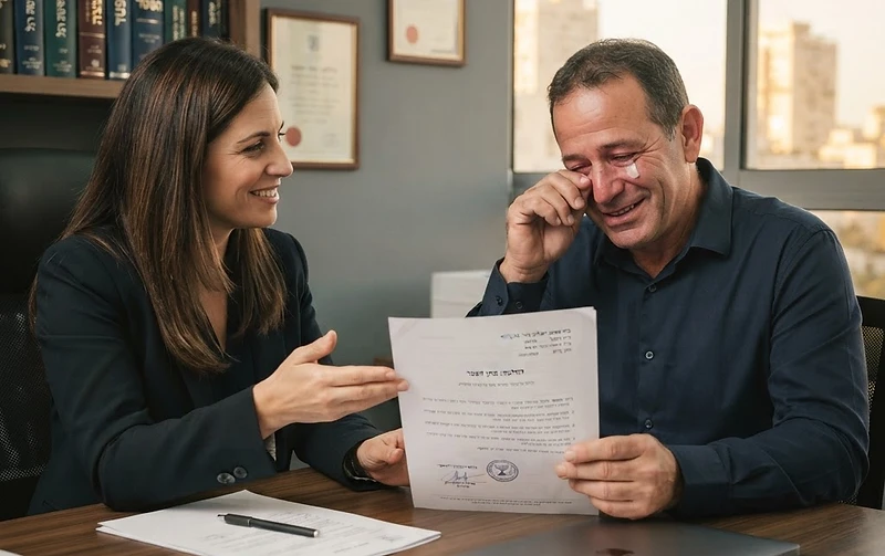 אדם קורע מסמכי חוב כספיים ומקבל דף הפטר חדש המייצג שחרור מחובות