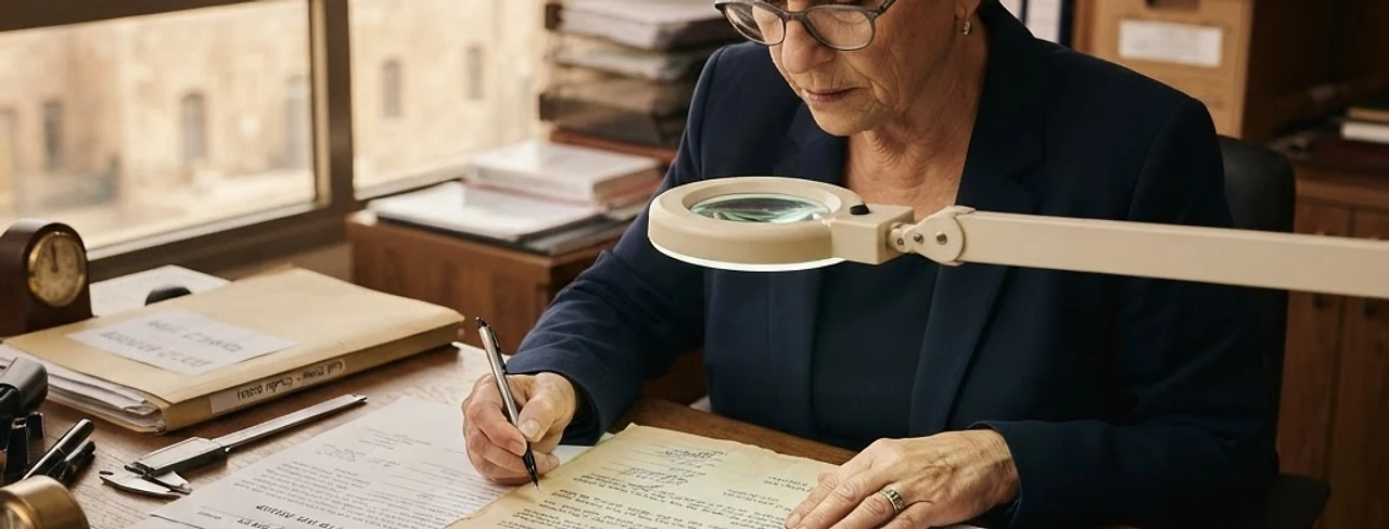 מומחה הבוחן מסמך משפטי עם זכוכית מגדלת לצורך הוכחת זיוף צוואה בבית המשפט