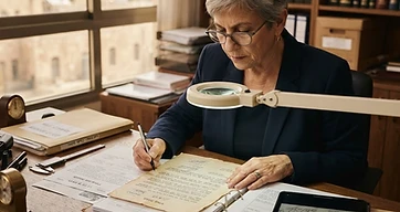 מומחה הבוחן מסמך משפטי עם זכוכית מגדלת לצורך הוכחת זיוף צוואה בבית המשפט