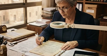מומחה הבוחן מסמך משפטי עם זכוכית מגדלת לצורך הוכחת זיוף צוואה בבית המשפט