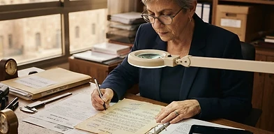 מומחה הבוחן מסמך משפטי עם זכוכית מגדלת לצורך הוכחת זיוף צוואה בבית המשפט