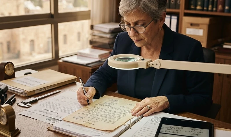 מומחה הבוחן מסמך משפטי עם זכוכית מגדלת לצורך הוכחת זיוף צוואה בבית המשפט