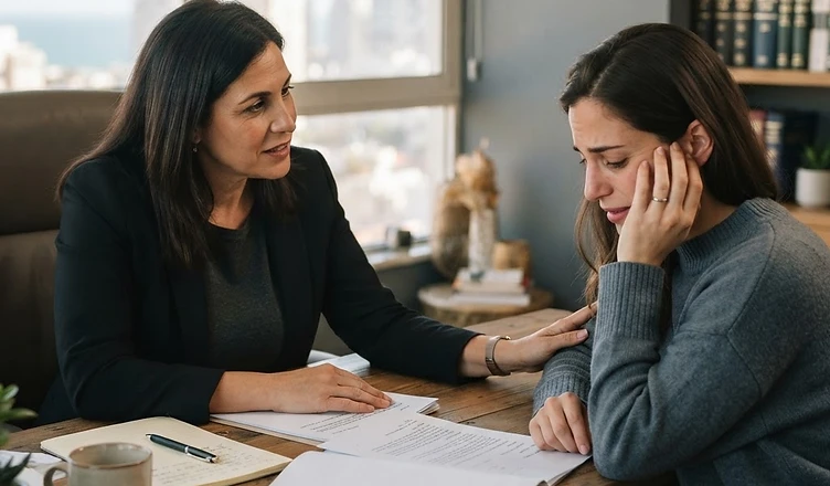 פגישת ייעוץ משפטית בין עורך דין לזוג בחדר ישיבות רשמי