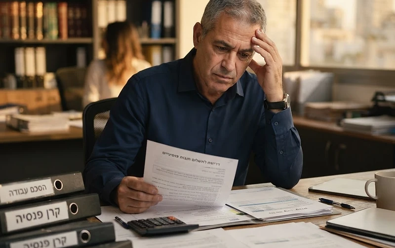 עובד בודק תלוש שכר ומסמכי הפרשות לפנסיה מול המעסיק