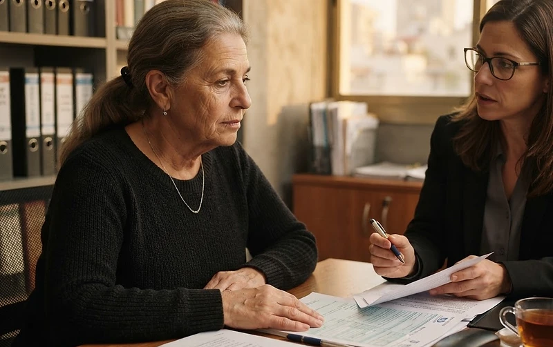 אישה בודקת מסמכים רפואיים להגשת תביעת קצבת נכות כללית לביטוח הלאומי