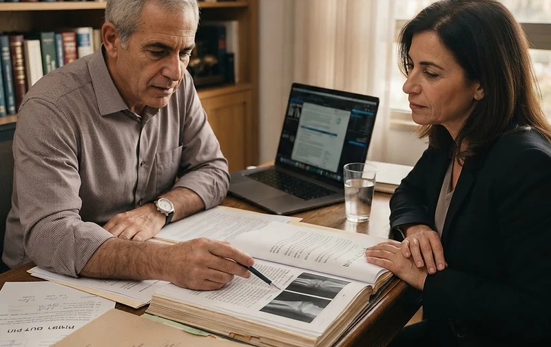 עורך דין ורופא בוחנים מסמכים בתיק רשלנות רפואית