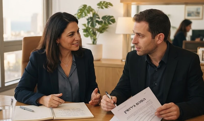 עורך דין לענייני משפחה מייעץ לזוג בחדר ישיבות משרדי על הליכי גירושין