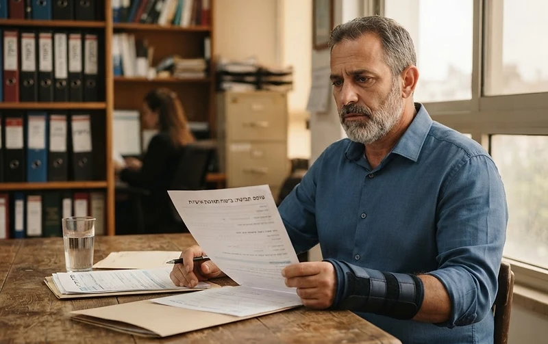 אדם בוחן מסמכים של פוליסת תאונות אישיות לאחר פציעה