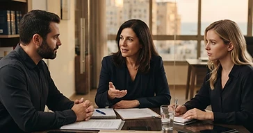 שני צדדים יושבים בבוררות וגישור כדי לפתור סכסוך עסקי ללא בית משפט