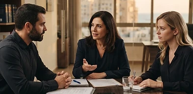 שני צדדים יושבים בבוררות וגישור כדי לפתור סכסוך עסקי ללא בית משפט