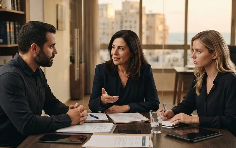 שני צדדים יושבים בבוררות וגישור כדי לפתור סכסוך עסקי ללא בית משפט