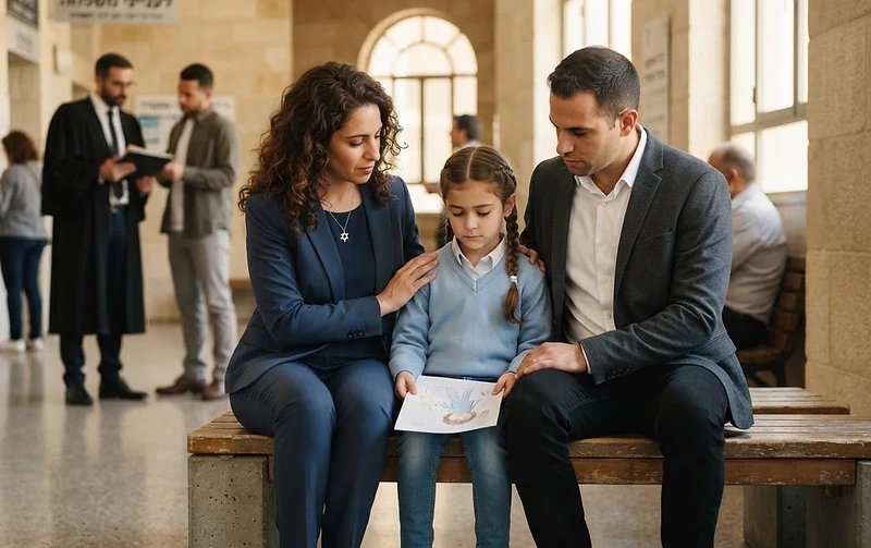 שופט בבית משפט לענייני משפחה דן בתיק משמורת ילדים לצד הורים וסמלים משפטיים