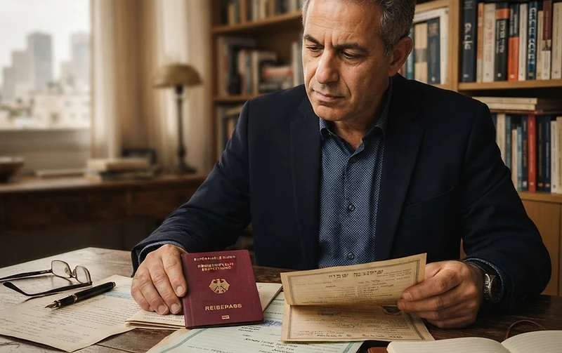 אדם מחזיק דרכון גרמני פתוח עם סמל גרמניה המוזהב על הרקע