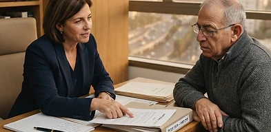 אדם בוחן טפסים של ביטוח לאומי בתהליך מיצוי זכויות רפואיות עם עורך דין