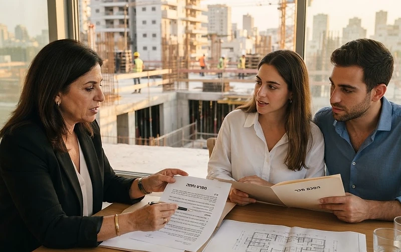 זוג צעיר מקבל מפתח לדירה חדשה מקבלן בפרויקט מגורים מודרני בישראל