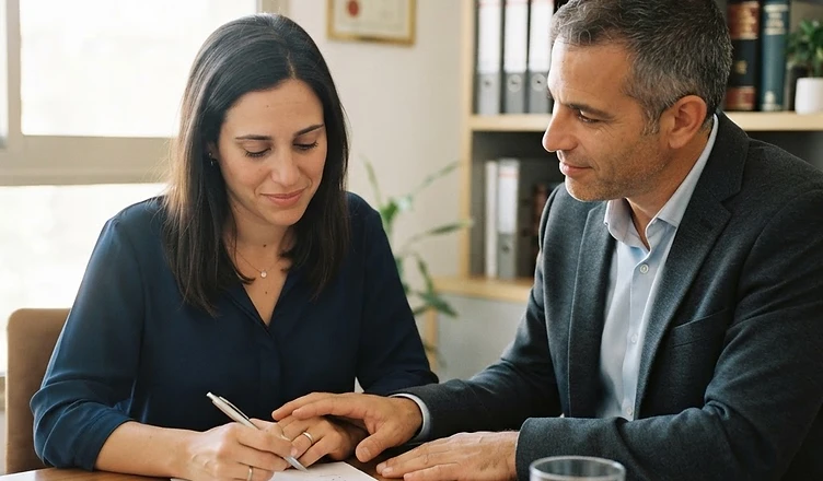 שולחן עבודה משרדי עם מסמכים משפטיים ועט לחתימה על הסכם גירושין
