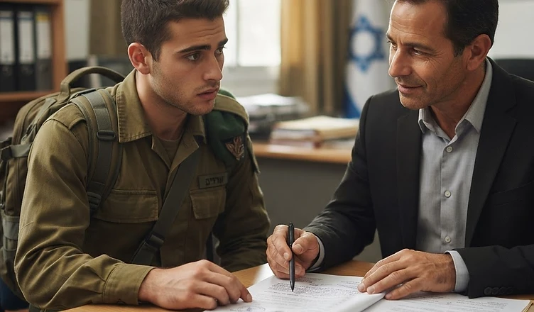 עורך דין צבאי מקצועי בוחן מסמכים משפטיים של חייל לפני הליך בבית דין צבאי