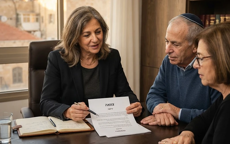 עורך דין יושב עם לקוח בחדר עבודה ועוזר לו לערוך צוואה משפטית תקפה