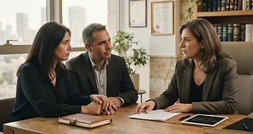 עורך דין מייעץ לבני זוג בנושא חלוקת נכסי קריירה ואיזון משאבים בהליך גירושין