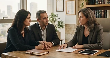 עורך דין מייעץ לבני זוג בנושא חלוקת נכסי קריירה ואיזון משאבים בהליך גירושין
