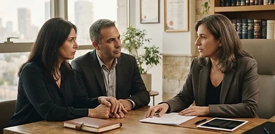 עורך דין מייעץ לבני זוג בנושא חלוקת נכסי קריירה ואיזון משאבים בהליך גירושין