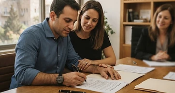 זוג יושב בבית ומעיין במסמך הסכם חיים משותפים לבני זוג