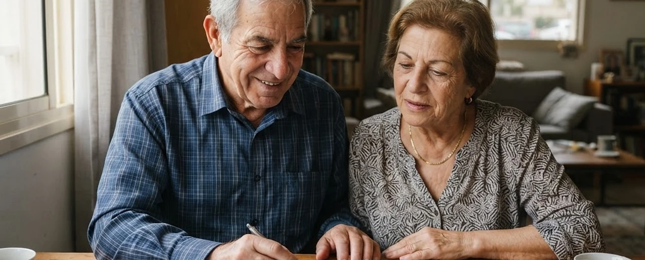 אדם מבוגר בוחן מסמכים כלכליים לצורך הגשת תביעה לקצבת אזרח ותיק בביטוח לאומי