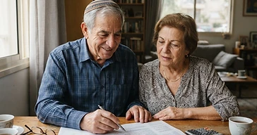 אדם מבוגר בוחן מסמכים כלכליים לצורך הגשת תביעה לקצבת אזרח ותיק בביטוח לאומי