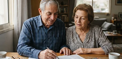 אדם מבוגר בוחן מסמכים כלכליים לצורך הגשת תביעה לקצבת אזרח ותיק בביטוח לאומי