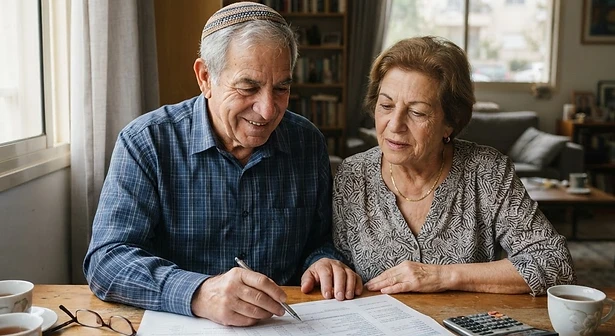 אדם מבוגר בוחן מסמכים כלכליים לצורך הגשת תביעה לקצבת אזרח ותיק בביטוח לאומי
