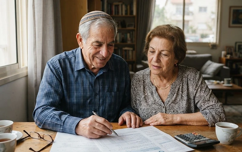 אדם מבוגר בוחן מסמכים כלכליים לצורך הגשת תביעה לקצבת אזרח ותיק בביטוח לאומי