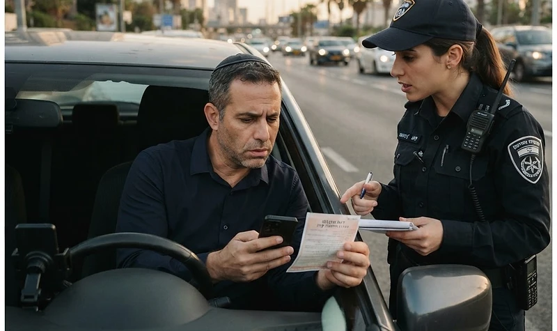 שוטר רושם דוח על טלפון בנהיגה לנהג ברכב
