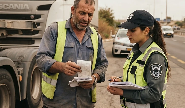משאית כבדה נבדקת בתחנת שקילה משטרתית בשל חשד לעבירות נהגים מקצועיים