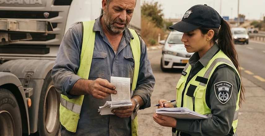 משאית כבדה נבדקת בתחנת שקילה משטרתית בשל חשד לעבירות נהגים מקצועיים