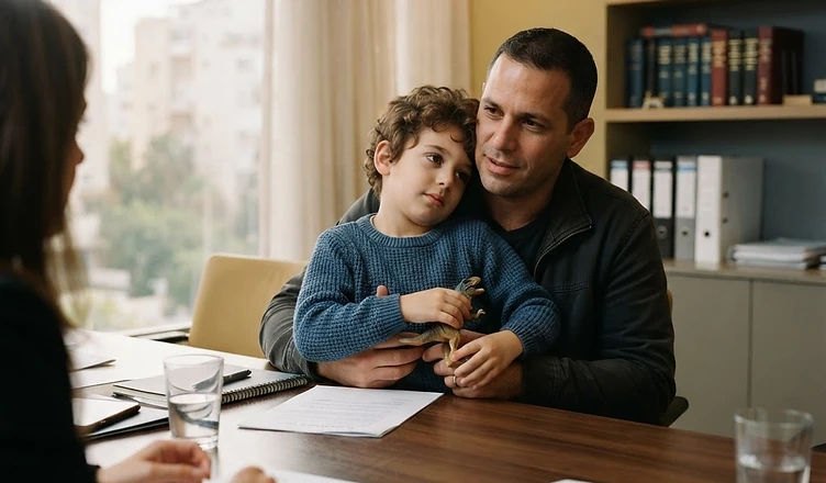 פטיש של שופט מונח על מסמכים משפטיים וטופס הסכם ממון על שולחן עבודה