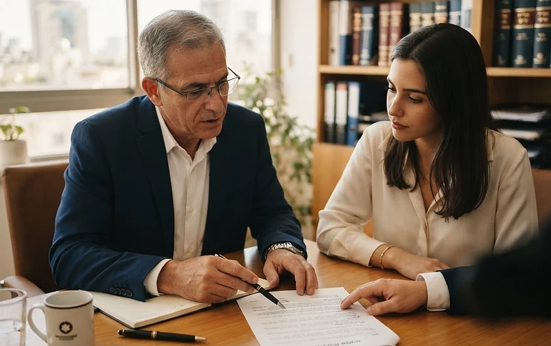 עובד בוחן מסמך חוזה עבודה מפורט לפני חתימה במשרד מודרני