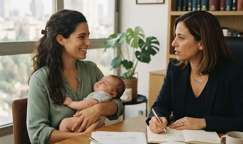 אישה עובדת במשרד לאחר תקופת פיטורים אחרי חופשת לידה