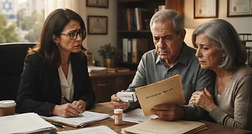 רופא רוקח ומטופל בוחנים אריזות תרופות כחלק מבדיקת מקרה של טעות במתן תרופה בבית חולים
