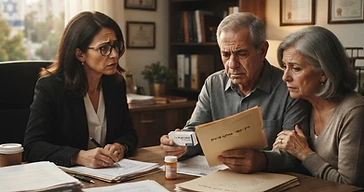 רופא רוקח ומטופל בוחנים אריזות תרופות כחלק מבדיקת מקרה של טעות במתן תרופה בבית חולים