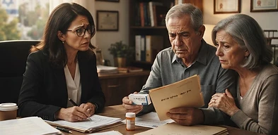 רופא רוקח ומטופל בוחנים אריזות תרופות כחלק מבדיקת מקרה של טעות במתן תרופה בבית חולים