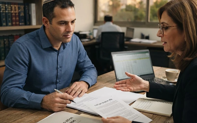 אדם בוחן מסמכים משפטיים כחלק מתהליך שיקום כלכלי וחדלות פירעון