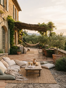 Terrasse de pierre méditerranéenne au coucher du soleil
