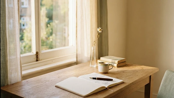 Bureau lumineux au matin, carnet et plume