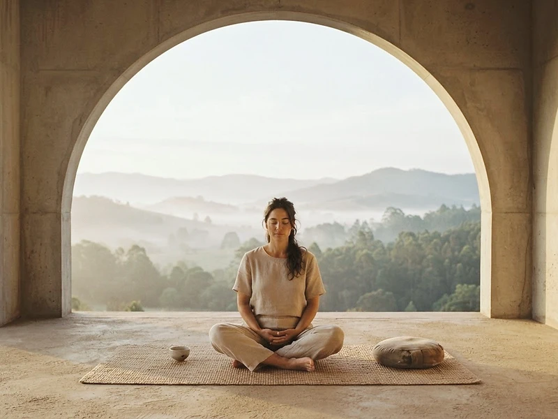 Méditation dans une architecture de béton face aux montagnes brumeuses