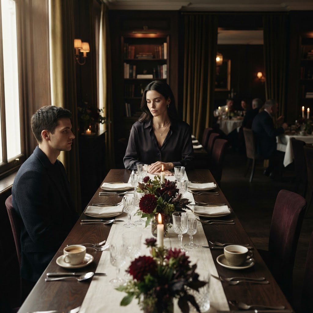Casal em silêncio em lados opostos de uma mesa elegante