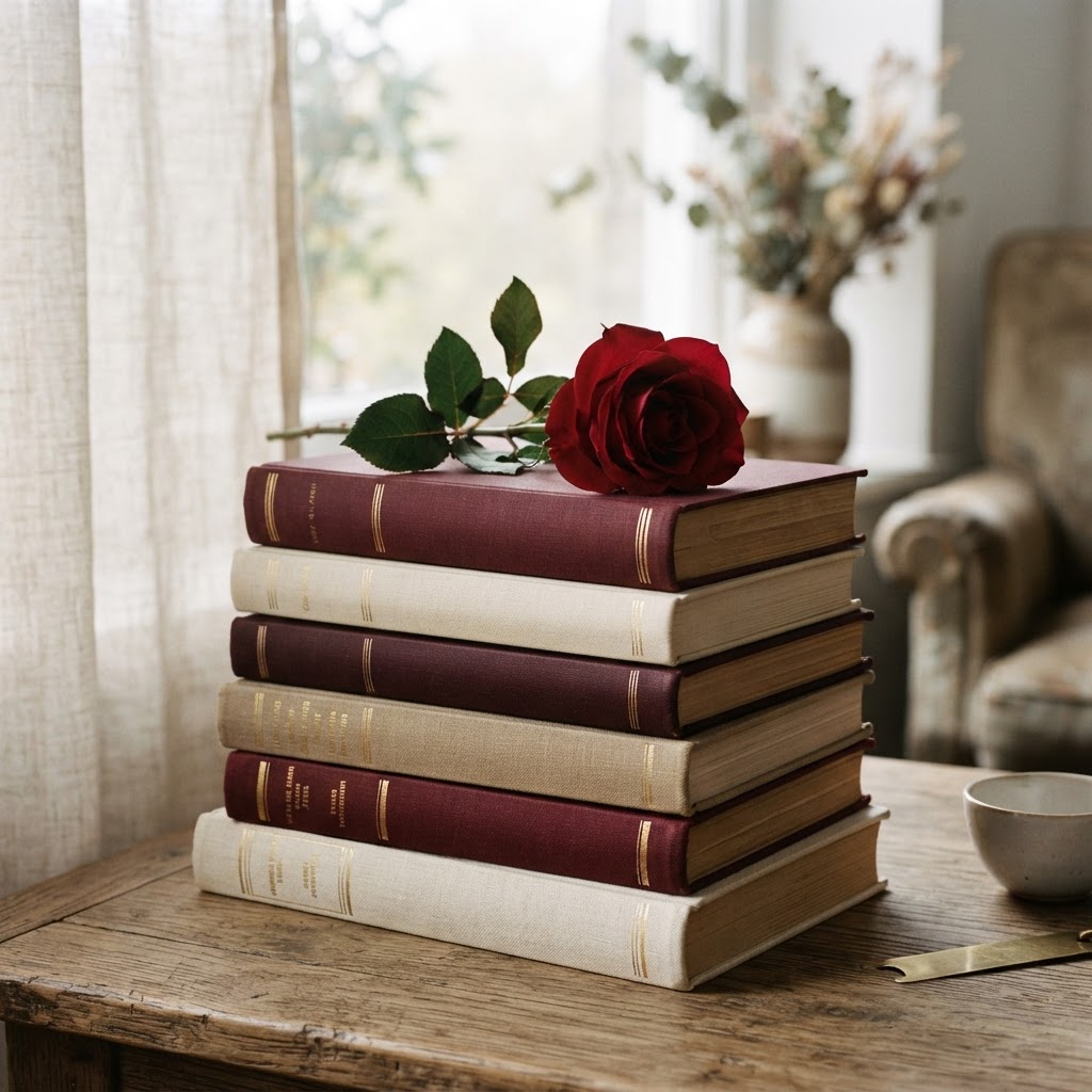 Pilha de livros elegantes com uma rosa vermelha sobre eles