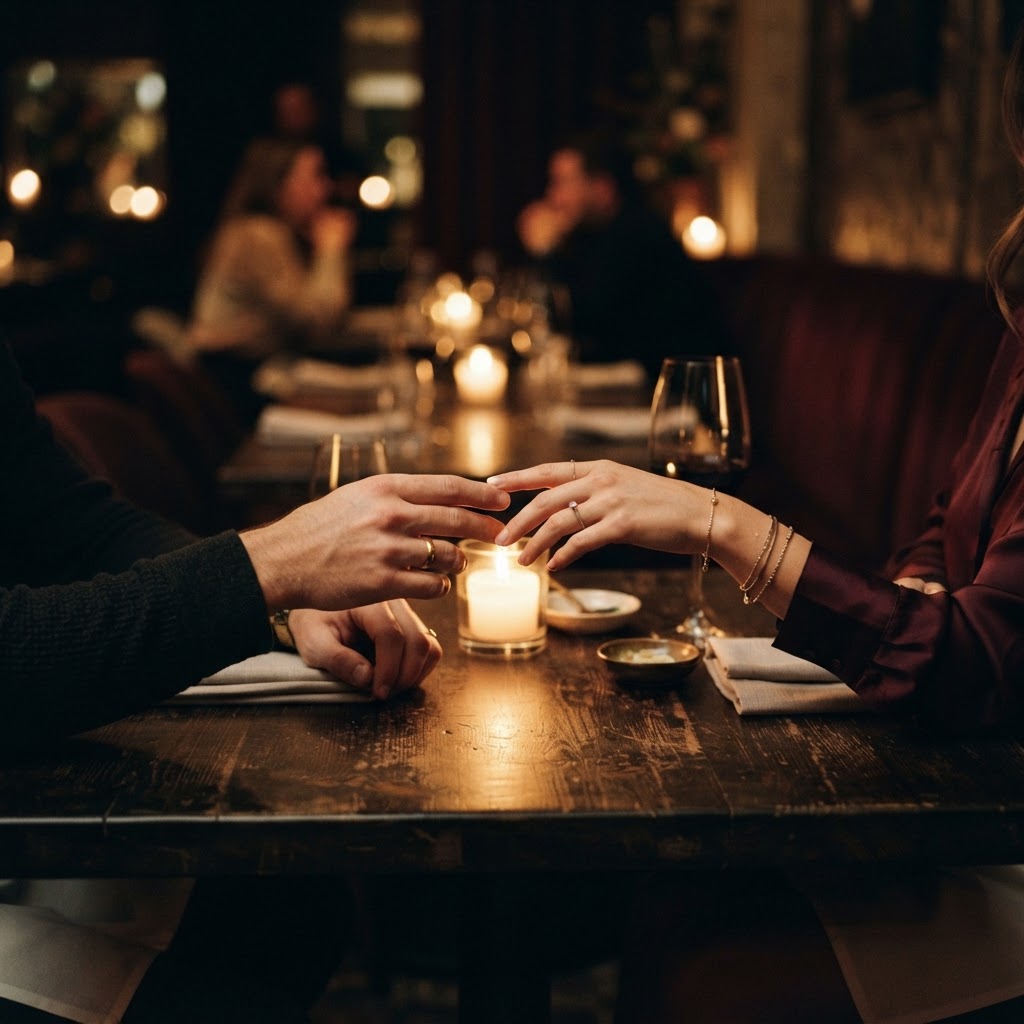 Mãos de um casal quase se tocando sobre uma mesa à luz de velas