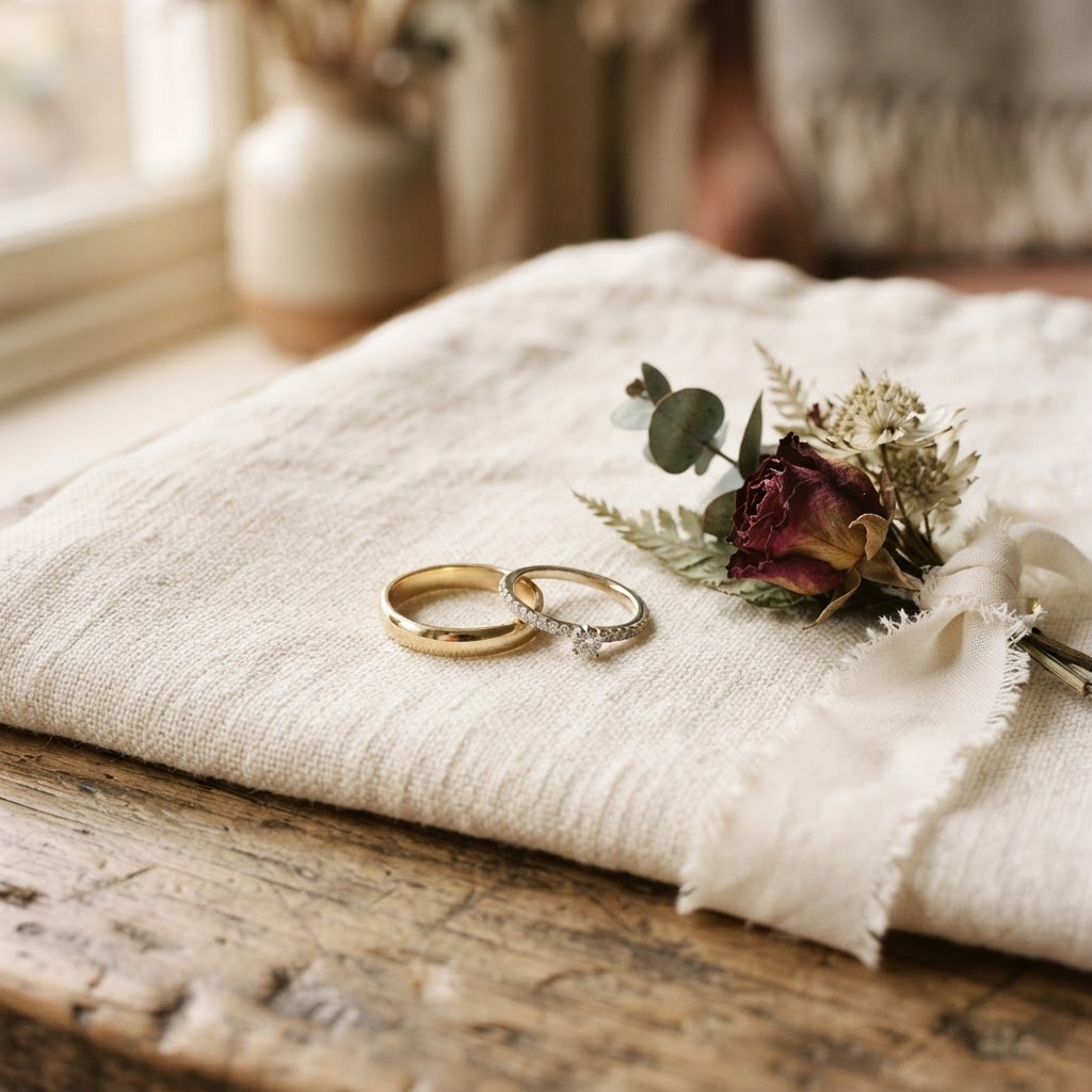 Alianças de casamento sobre linho claro ao lado de uma flor seca